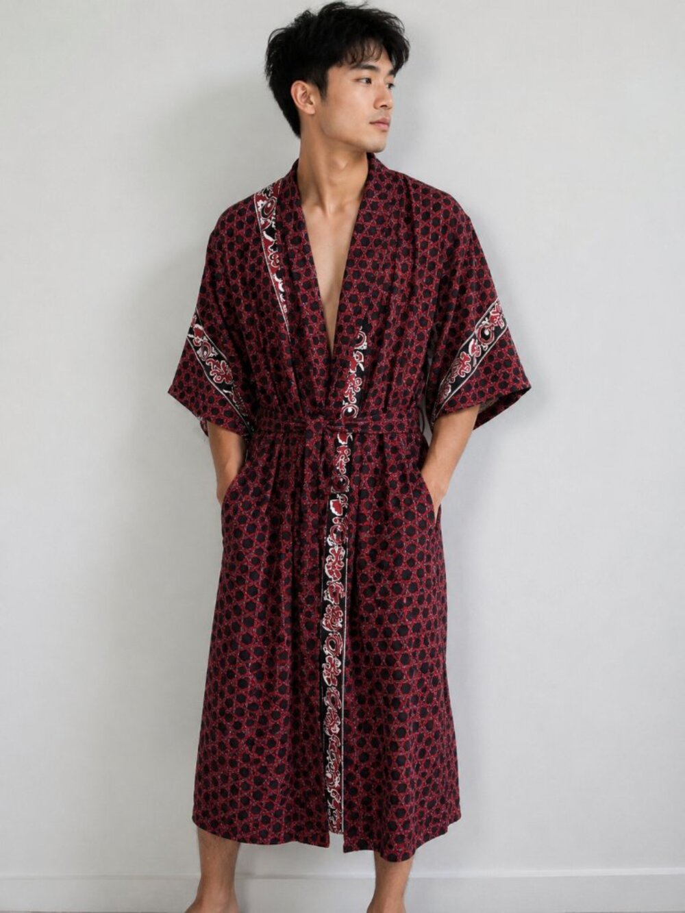 Vintage Japanese Kimono Robe Red Black Geometric Belted Lounge Robe